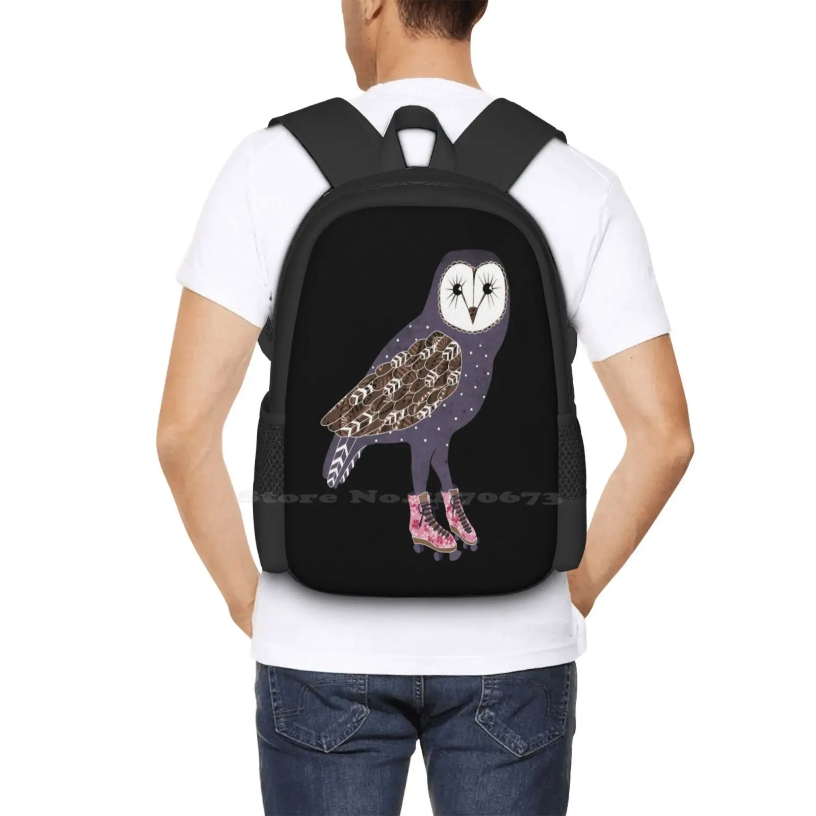 I skate Owl Night กระเป๋านักเรียนทรงยาวสำหรับเดินทางกระเป๋าเป้สะพายหลังใส่แล็ปท็อปลายนกฮูกสีม่วงโรลเลอร์สเกตโรลเลอร์โรลเลอร์โรลเลอร์โรลเลอร์เบลดน่ารักย้อนยุคสุดเท่