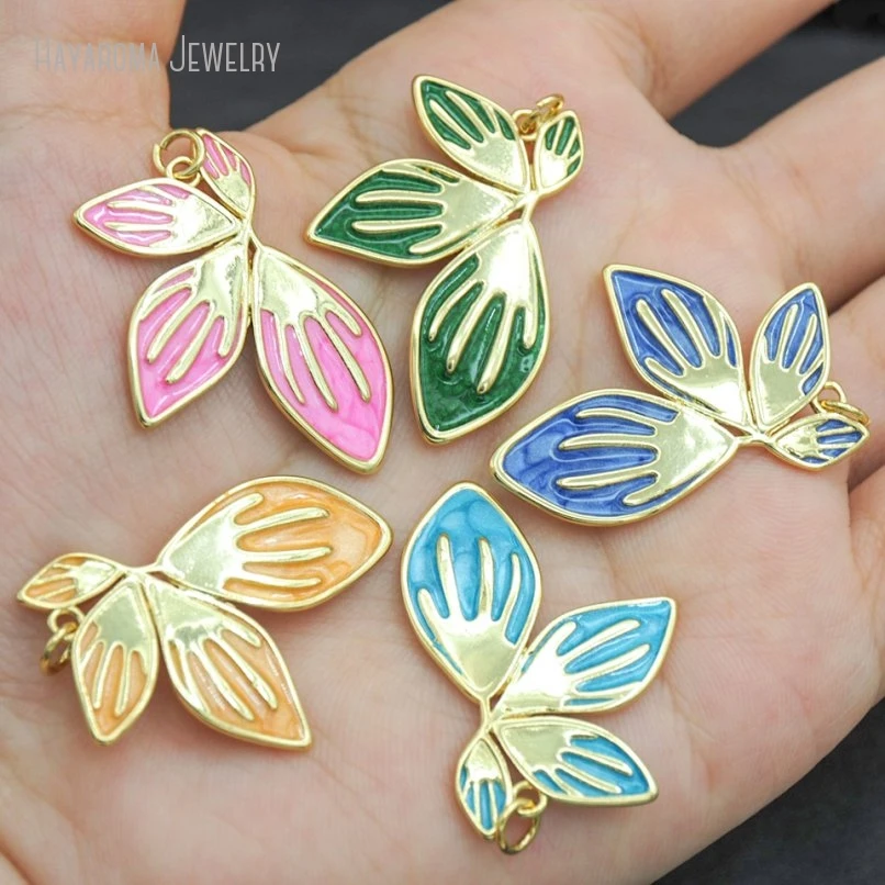 10Pcs Enamel Copper Gold Color Wholesale Metal Leaf Shape Geometric Free Form Jewelry Pendant PM53275