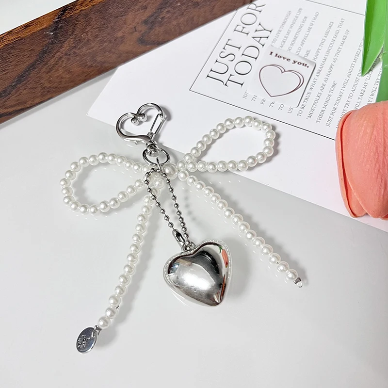 Sweet Bowknot Heart Keychain Pendant Lovely Beaded Hanging Decorations Keyring Charm Phone Lanyard Phone Charm Bag Pendant