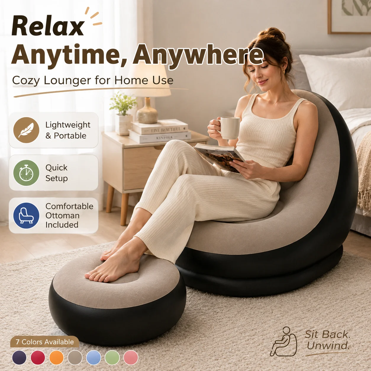1PC Portable Inflatable Lazy Sofa Bean Bag Chair And Ottoman Set Soft Flocked Floor Recliner Air Lounge Chair for Home Bedroom