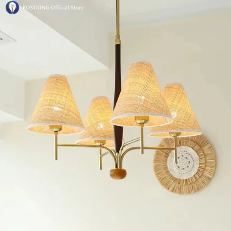 Modern Rattan-Weaved Chandeliers French Medieval Bedroom Chandeliers Fabric Lampshade for Living Room Dining Room Home Decor