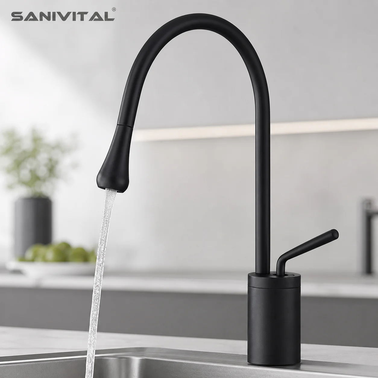 SANIVITAL Matte Black Gooseneck Kitchen Faucet Fixed Non Pull Out Spout Single Lever Hot Cold Mixer Tap for Household Use