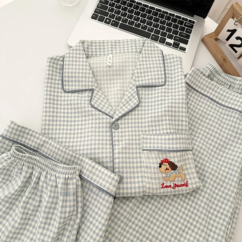 

Summer Plaid Dog Print Spwear Set for Men Loose Fit ort Sve Pure Cotton Comfortable Home Clothes Tee Piece Suit
