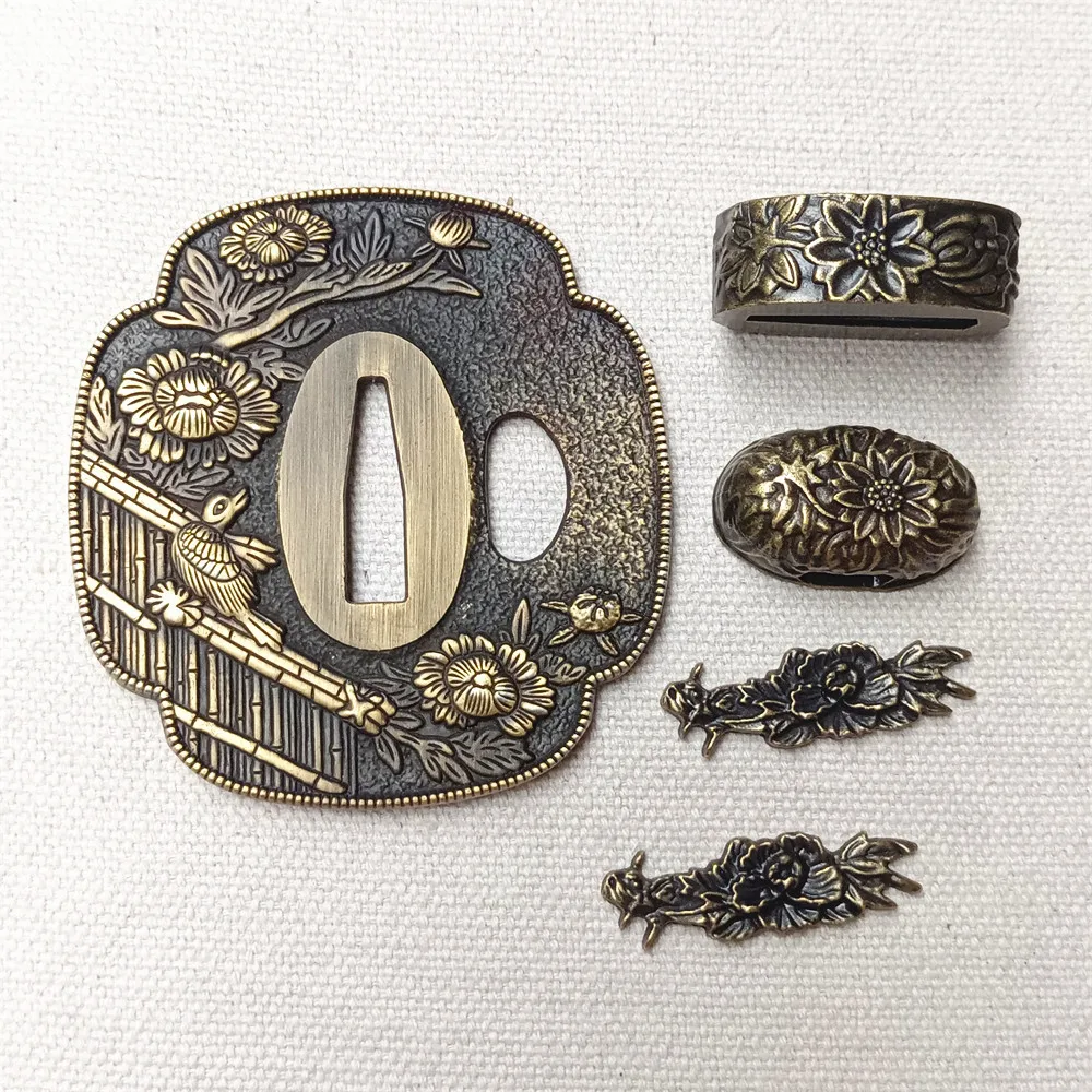 Alloy Plant flowers Tsuba And Fuchi Menuki Seppa Habaki For Japanese Katana Sword