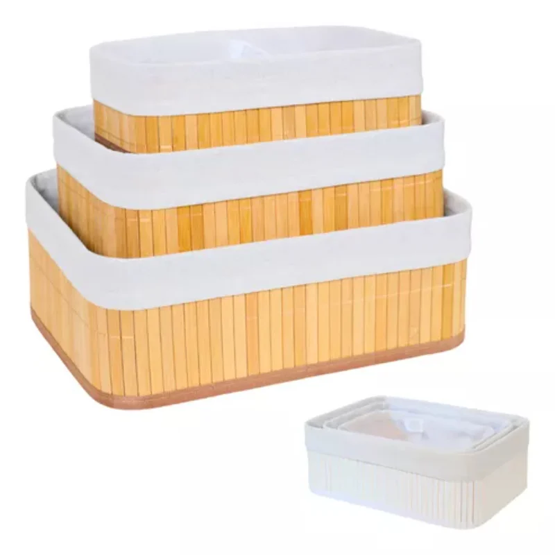 

3 Baskets Organizers Bamboo Multipurpose With Liner Gold Color Boxes, Boxes and Baskets Baskets