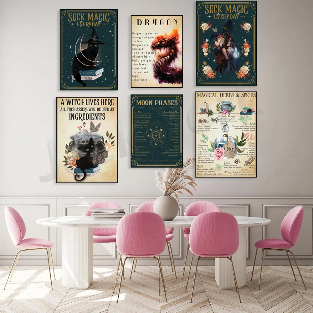 Moon Water, Moon Phases, Witch Premium Poster，Magical Herbs and Spices Premium Posters，Witch Cat Premium Posters
