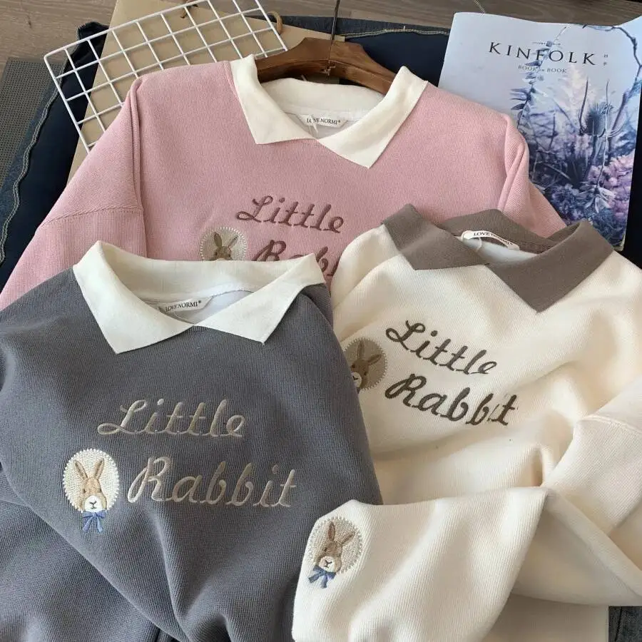 

Korean Embroidery Loose Sweatshirts For Women Spring Autumn Trendy Turn-Down Collar Student Pullovers 2025 New Casual Tops