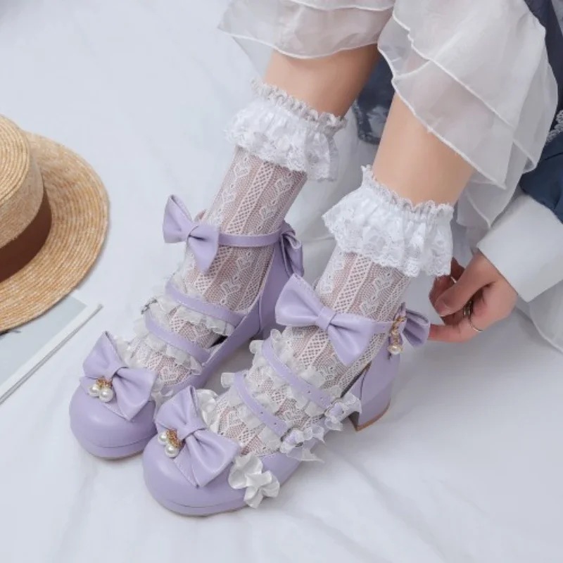 

2024 New Children's Lolita Shoes Japanese Mary Jane Lace Metal Buckle Girls High Heel Bow Princess Shoes Size 29-43 High Heels