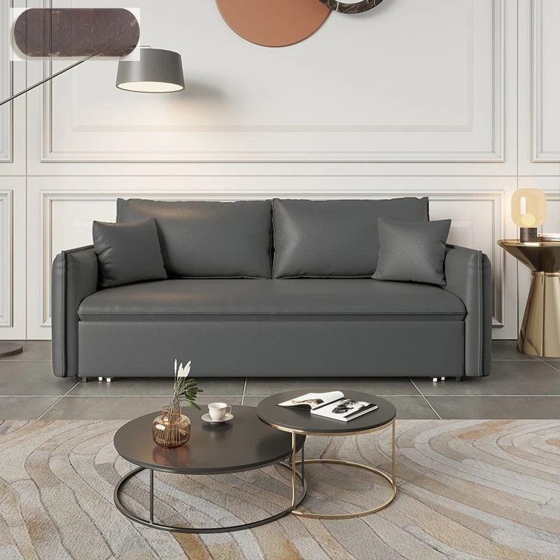 Multifunctional living room double small apartment pull leather sofa bed leather folding integrated
