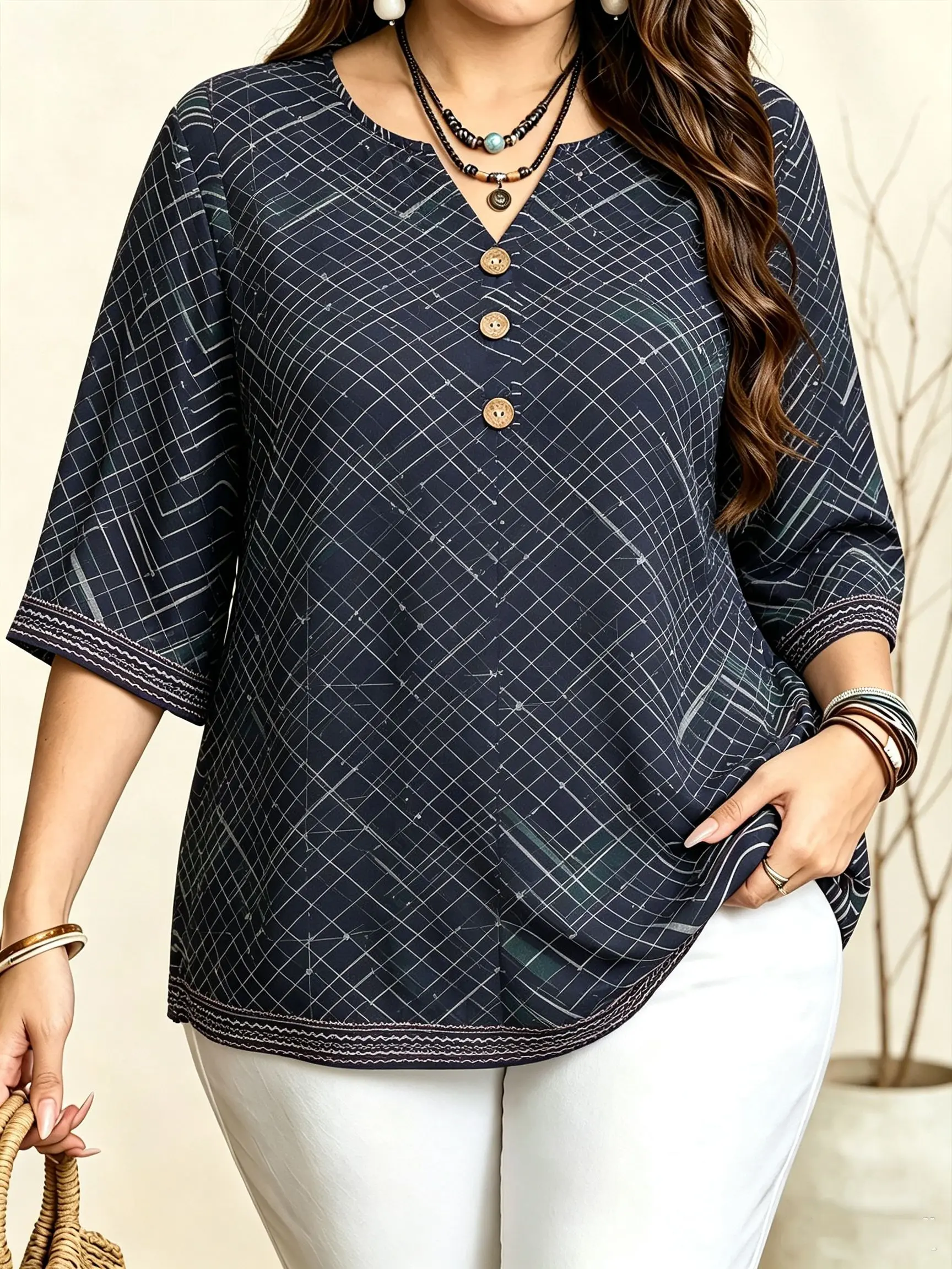 Plus Size Women Printed Blouse Notch V Neck 3/4 Sleeve Three Buttons Loose Lightweight Casual Daily Vacation Shirt