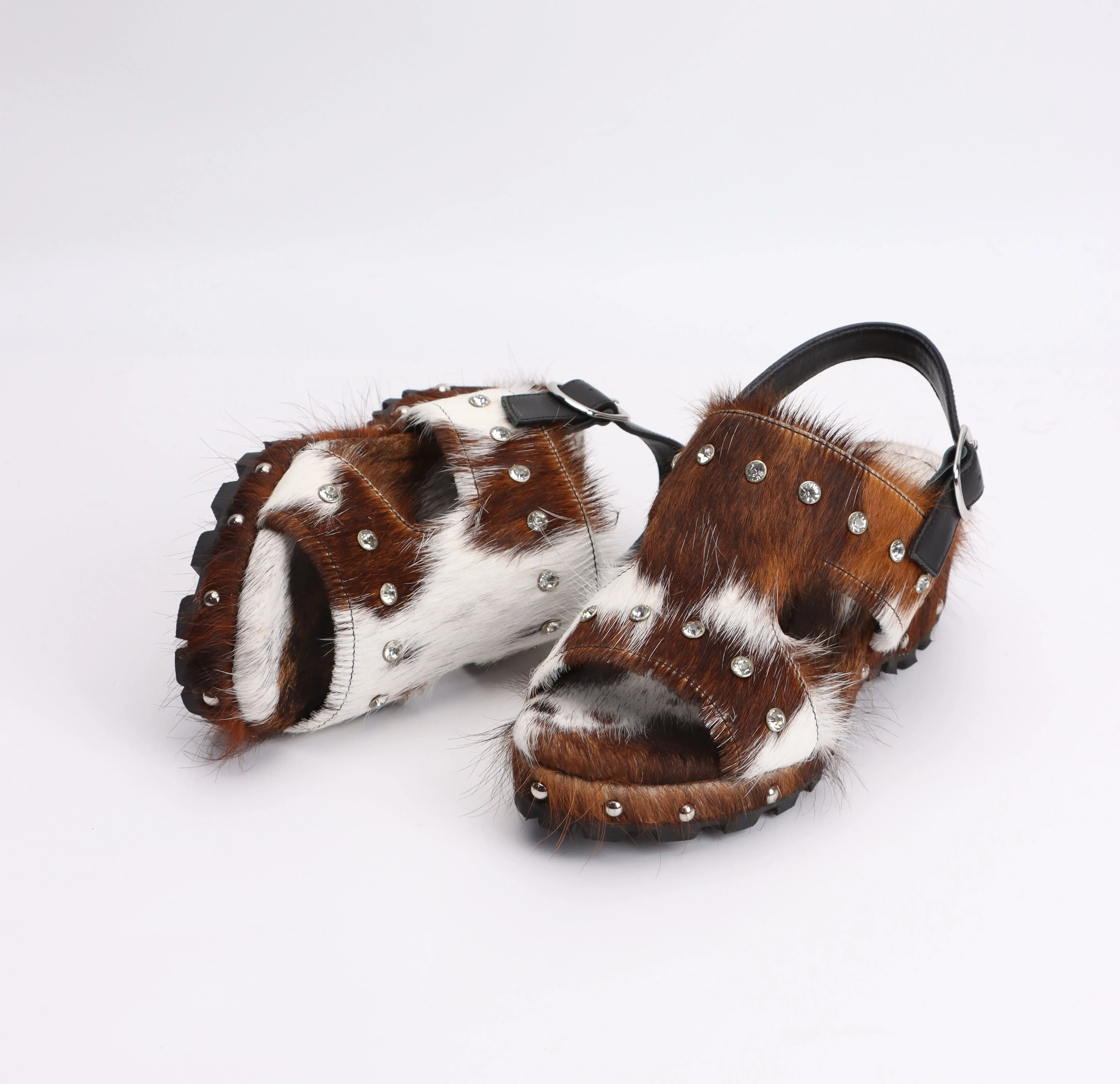 Handmade Cowhide Hair Clogs Sandals Women Western Style Punk Rivet Wedge Heel High Arch Support Anti-Slip Sole Summer Shoes