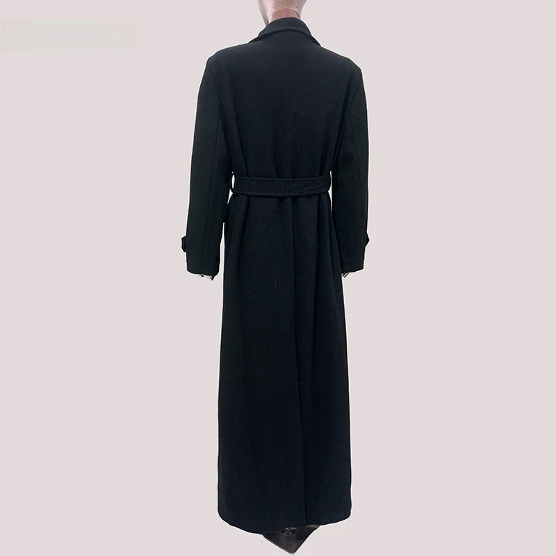 Nerazzurri Winter Korean Style Loose Shoulder Extended Length Black Woolen Coat Women's Fashion Outerwear Comfortable Polyest...