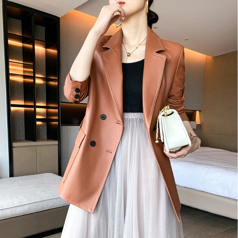 Vrouwen Leren Jas Engeland Stijl Pak Kraag Double-Breasted Riem Slanke Middellange Tot Lange Chaquetas Mujer Schapenvacht Jas mode