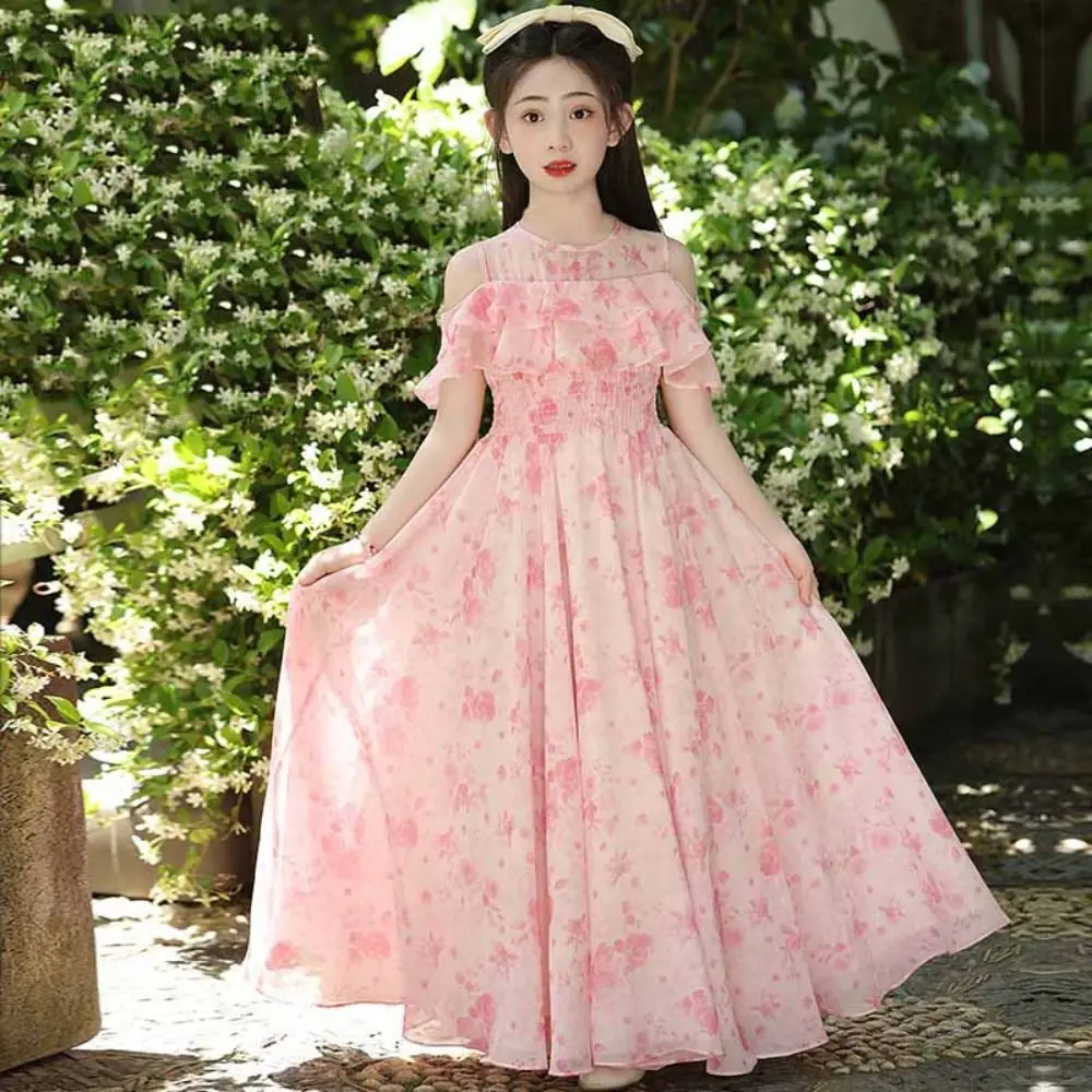 Elegant Loose Girls Chiffon Floral Dress Pleated Teenagers Summer Dresses Party Beach Vacation Children Princess Dress Beach