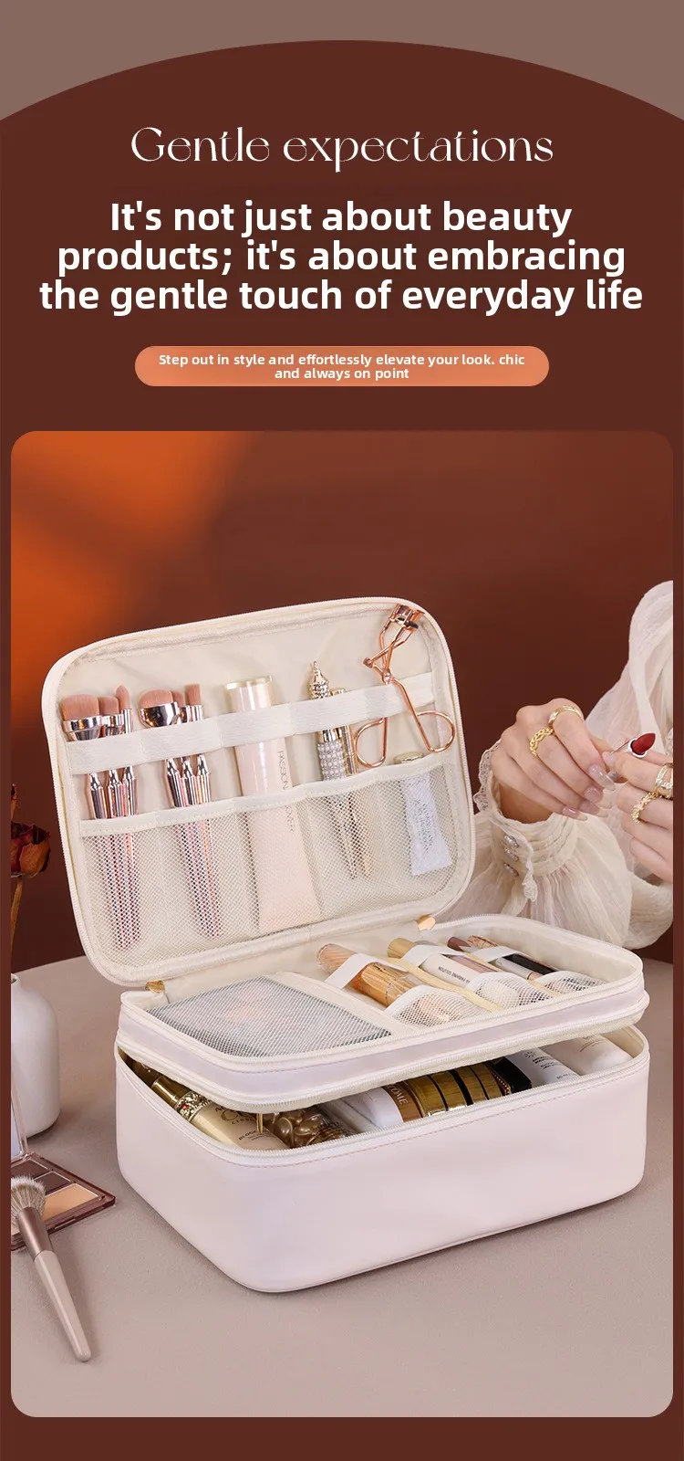 Doppelschichtige Handtasche aus PU-Leder für Make-up, Große Kapazität Reise-Kosmetikorganizer, Toilettentasche für Schönheitsprodukte, Damen – Detail 9