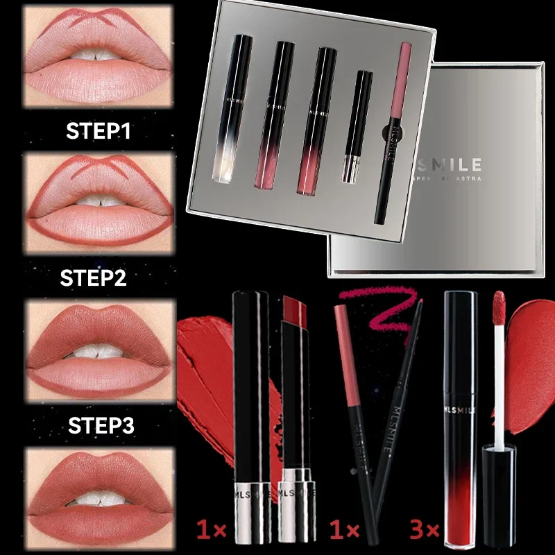 Silver Gift Box Lip Glaze Set 5pcs Lip Liner Pencil Non Stick Cup Waterproof Matte Lip Gloss Tint Stain Cosmetics