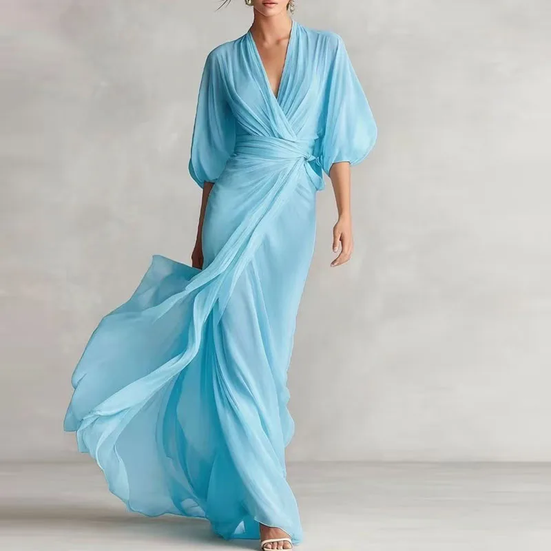 Lente Puff Half Sleeve Avondjurk Dames Elegant Diep V-hals Omgeslagen Taille Strik Flowy Maxi Jurk Zomer Vakantie Strand Lange Jurk