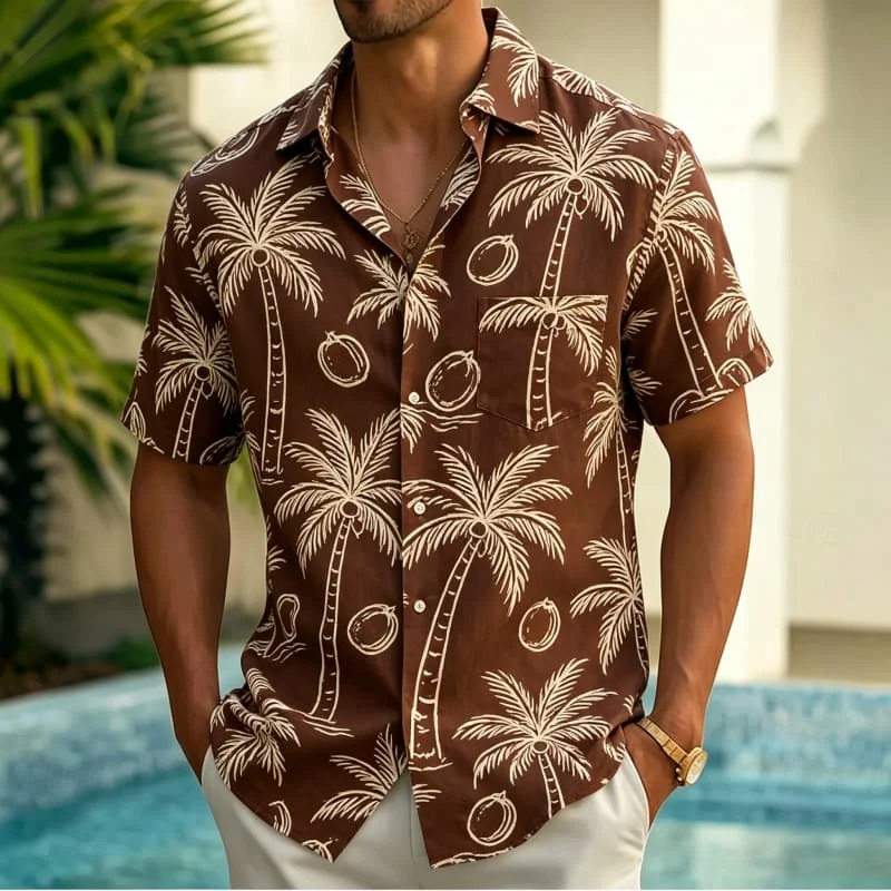 2026 Men's Line Drawing Style Tropical Printed Short Sleeved Pocket Shirt, Fresh and Simple Style, for Vacation and Daily Wear