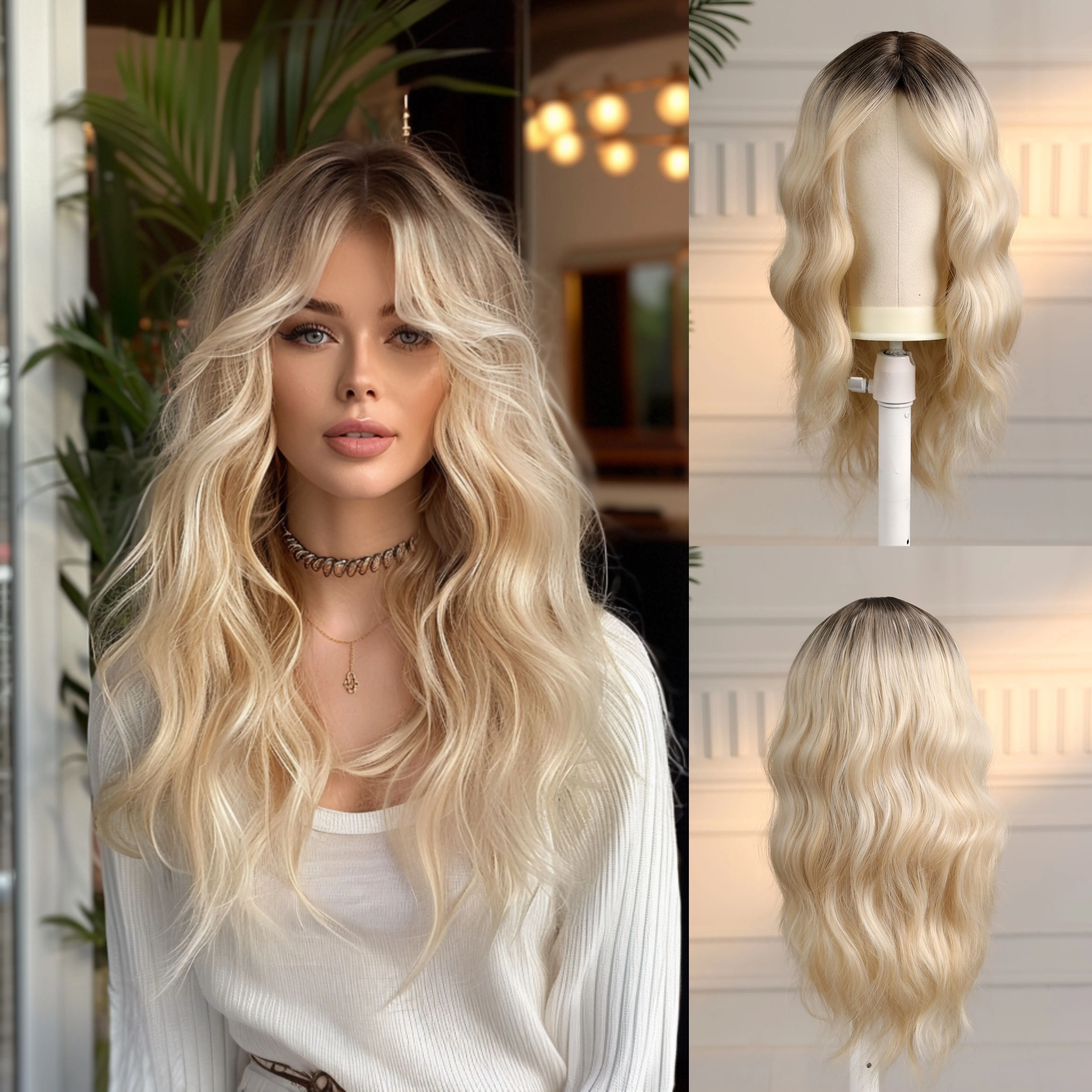 

24 Inch Synthetic Elegant Champagne Wavy Wig for Women, High-Temperature Fiber, Curly Hair, Rose Net Cap, Fashionable Flowing St