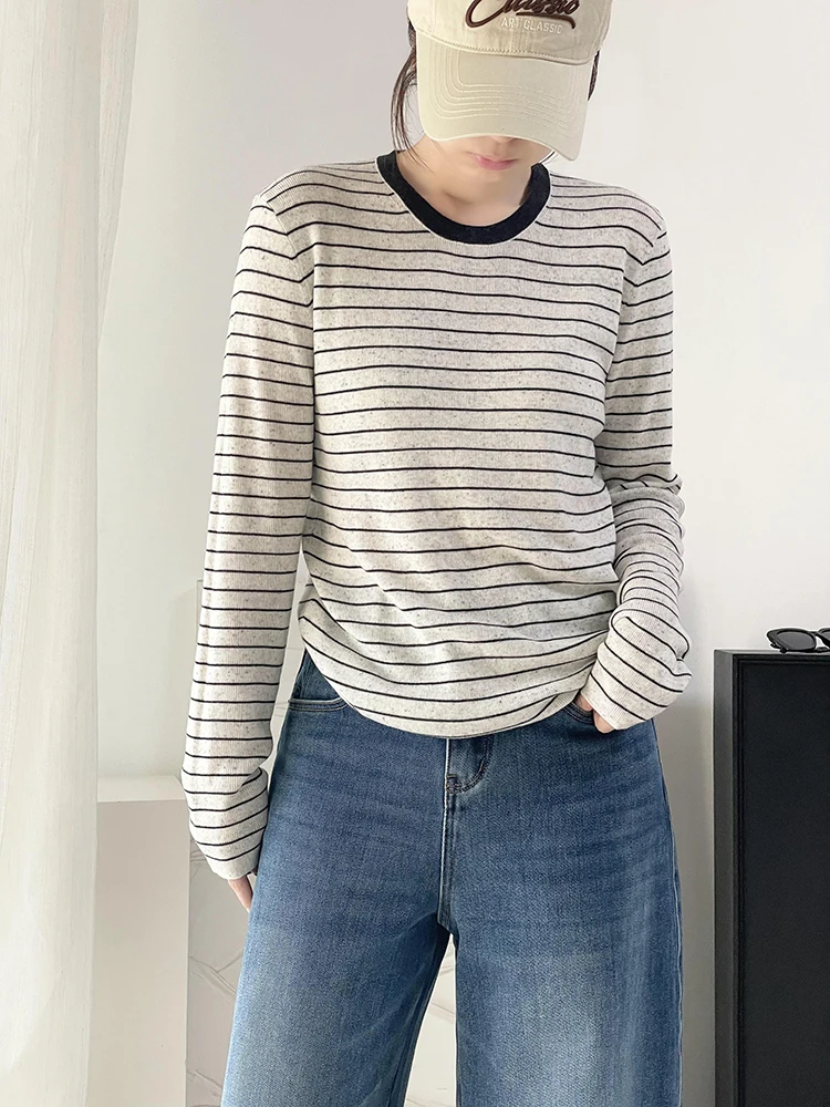 

Slimming Wool Blend Knitwear round Ne Striped Long Sve Base irt Simple Versatile Inner Wear Casual Loose Fit Daily Wear