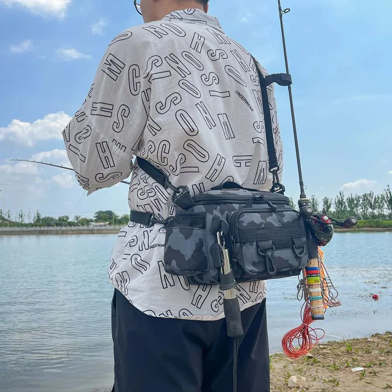 Black Fishing Tackle Shoulder Bag Storage Waist Bag，Outdoor Sports Bag with Fishing Rod Holder
