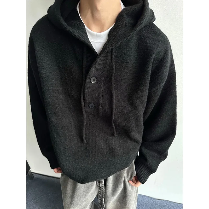 2025 New Grey Hooded Men Winter Top Semi Open Front Button Thick Outerwear Lazy Style Dark Grey Black Two Color Options
