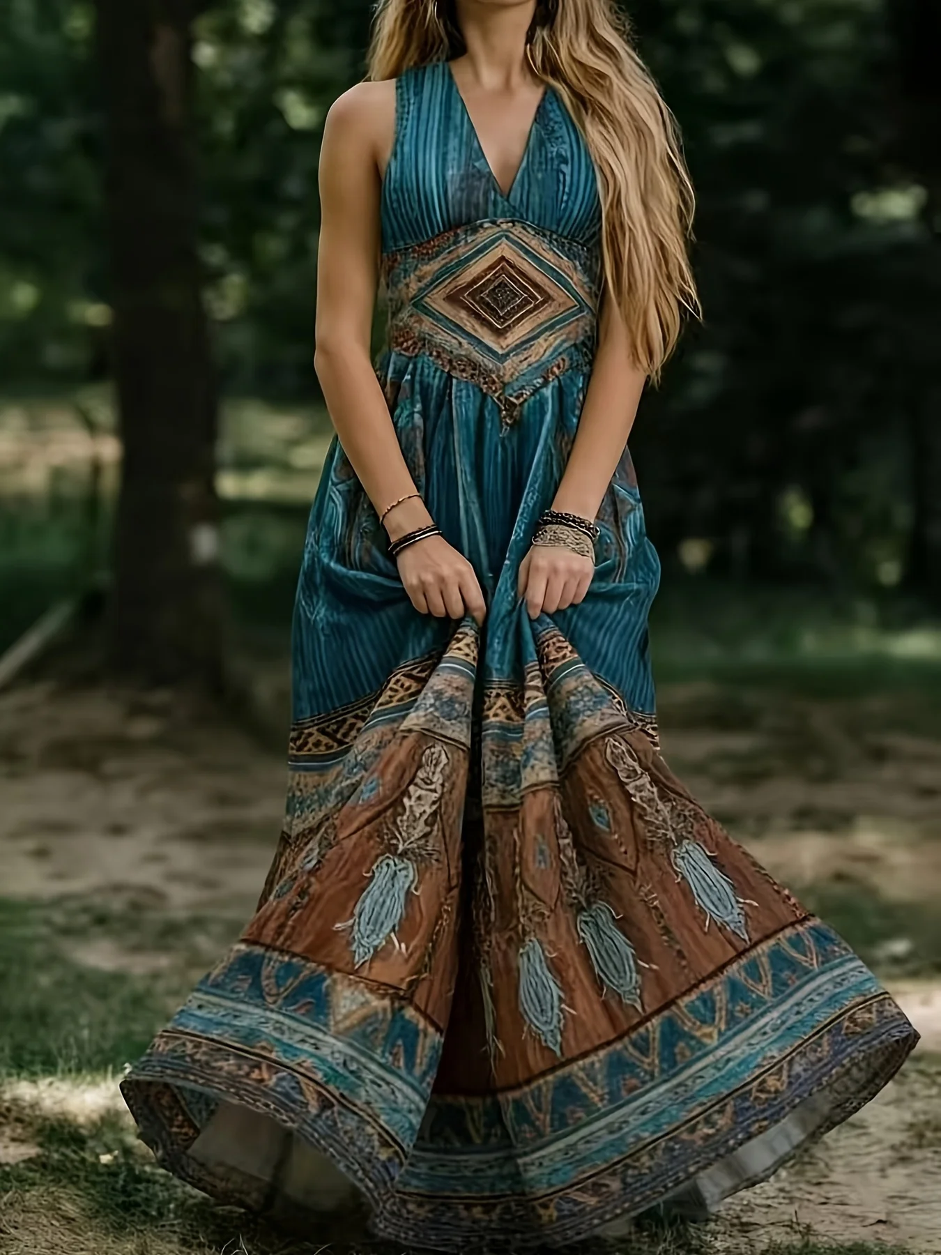 プリントデザインの夏用レディースレトロVネックノースリーブロ - Ethnic Fashion Wear のレビューと価格