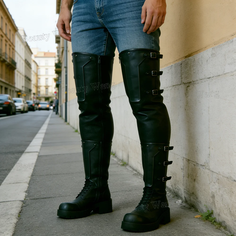Schwarze Herren-Stiefel mit Seitenriemen, Massives Mattleder, Runde Zehenkappe, Overknee-Schuhe für Männer, Modische Herrenschuhe