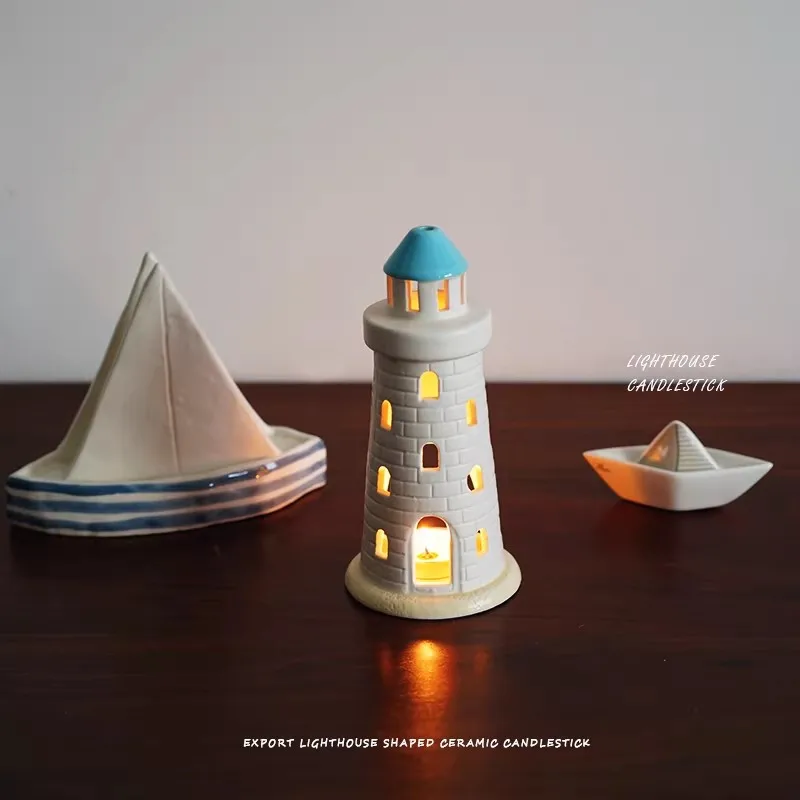 Hand-painted Lighthouse Ceramic Candlestick Ocean Series Table Setting Candlestick