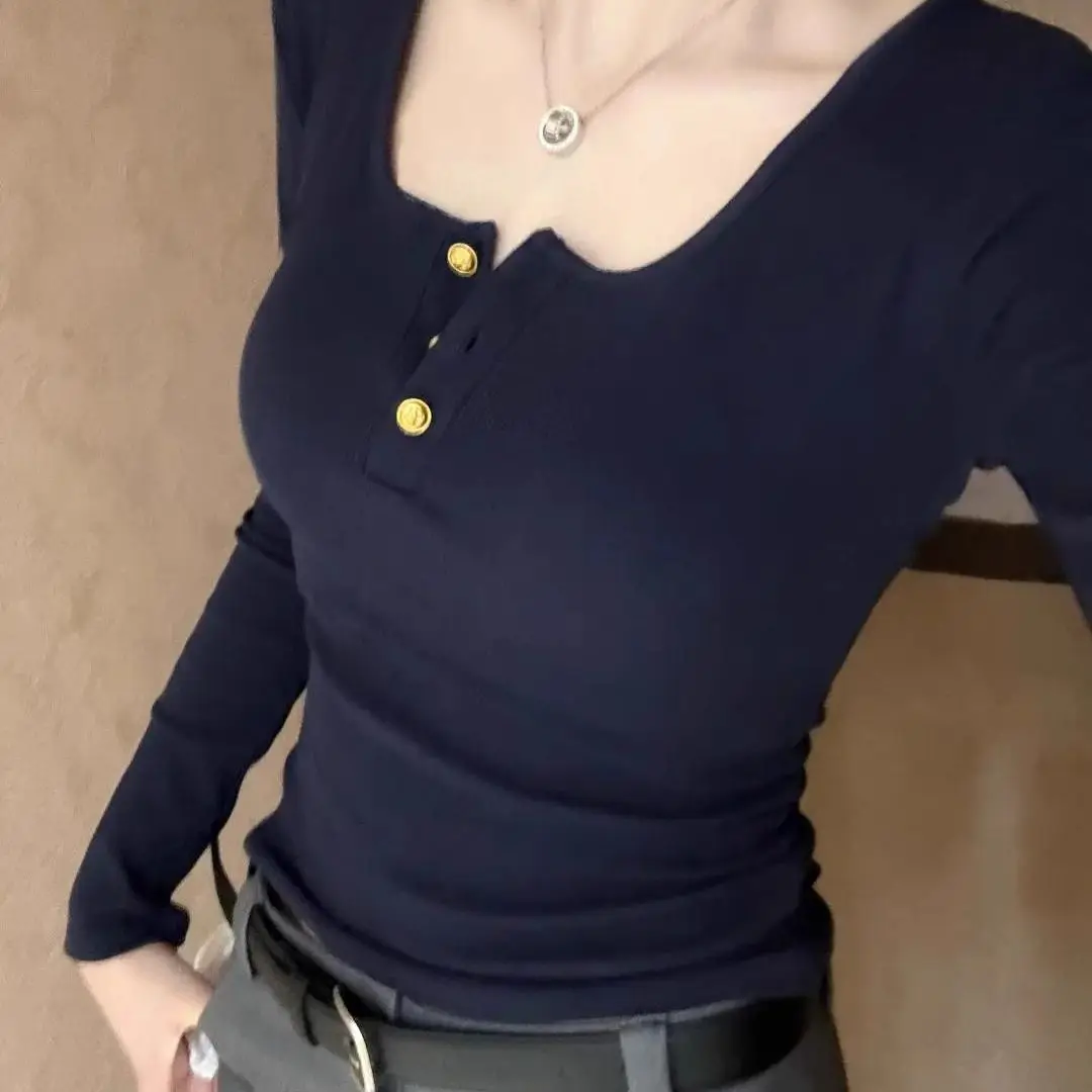 New women's autumn and spring clothing, slimming and slimming casual American retro U-neck long-sleeve T-shirt