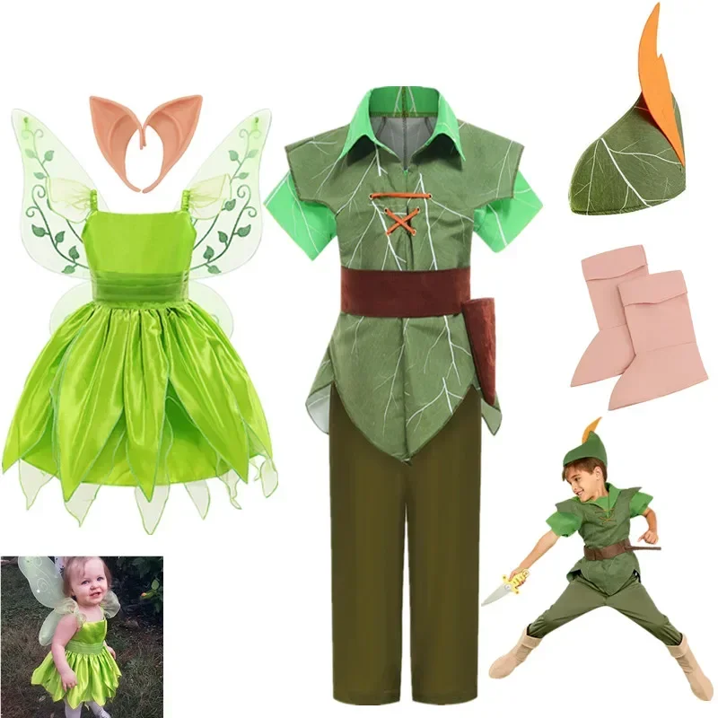 Halloween Party Child Peter Pan Cosplay Costume Masquerade Boys Elf Green Clothing Set Fancy Fairy Tinkerbell Clothes for Kids