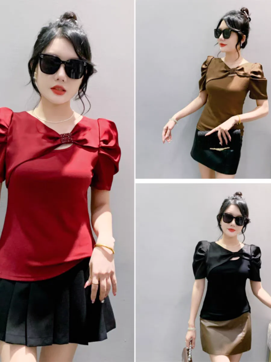 Lady Skew Collar Cotton T Shirts Tees Female Short Puff Sleeve Hollow Out Folds Tshirt Fashion Tops For Women HF8916