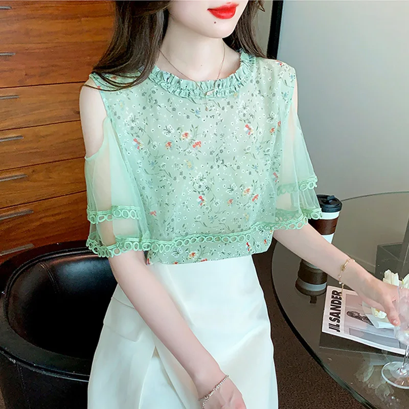 Summer Fashion Short-Sleeved Off Shoulder Chiffon Shirt Women\'s Clothing 2023 New Beautiful Mesh Top Super Fairy Blusas