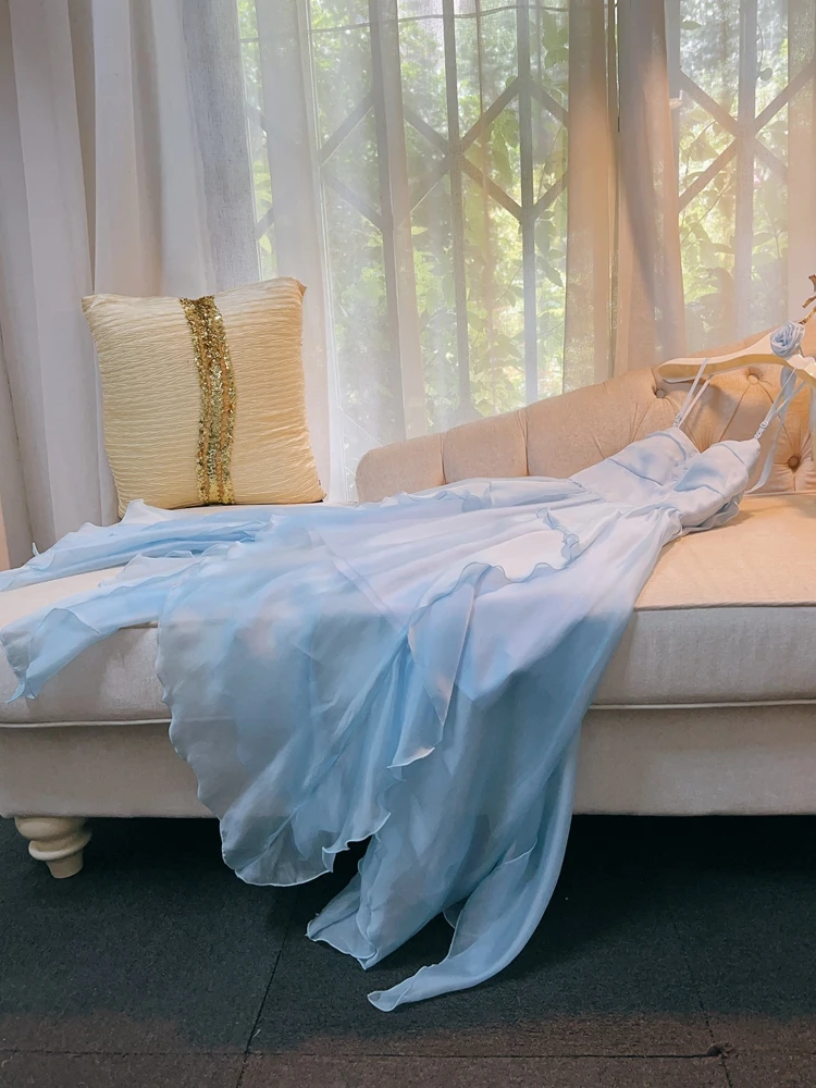 

Синяя шифоновая струящаяся длинная юбка с кружевом Vaion Sle Gentle Wind без песка с высокой талией, однотонная повседневная одежда