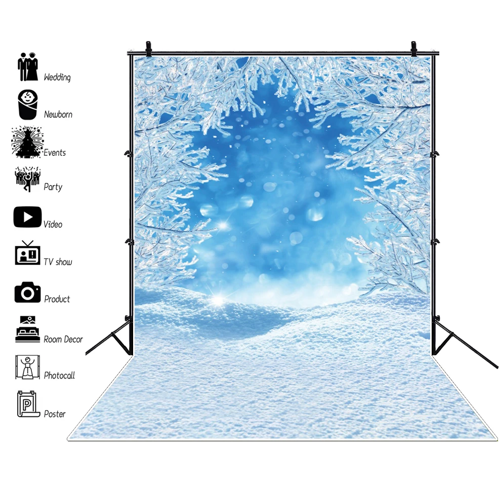 Laeacco Dreamy Winter Forest Snow Frozen Ice Blue Bokeh Photography Background Newborn Child Portrait Backdrop For Photo Studio