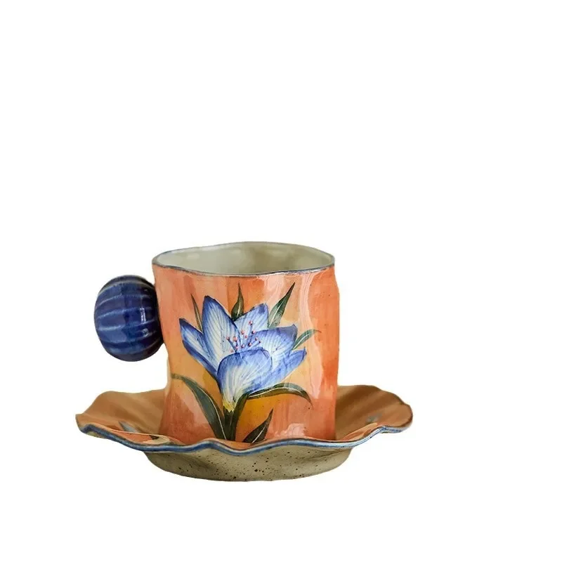 

Hand-squeezed coffee design sense niche rough pottery latte latte flower water cup retro hand-painted ceramic flower tea cup