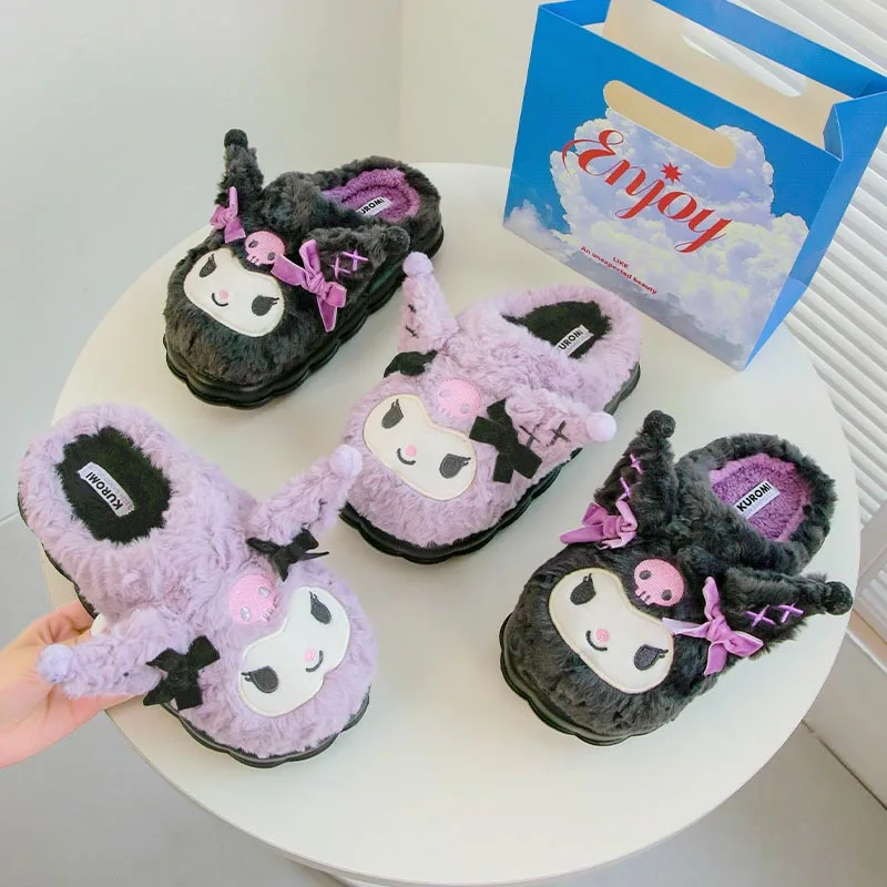 

Женские хлопковые тапочки Kawaii Sanrioed Kuromi с милым рисунком, осенние и зимние домашние теплые меховые тапочки из ЭВА на толстой подошве