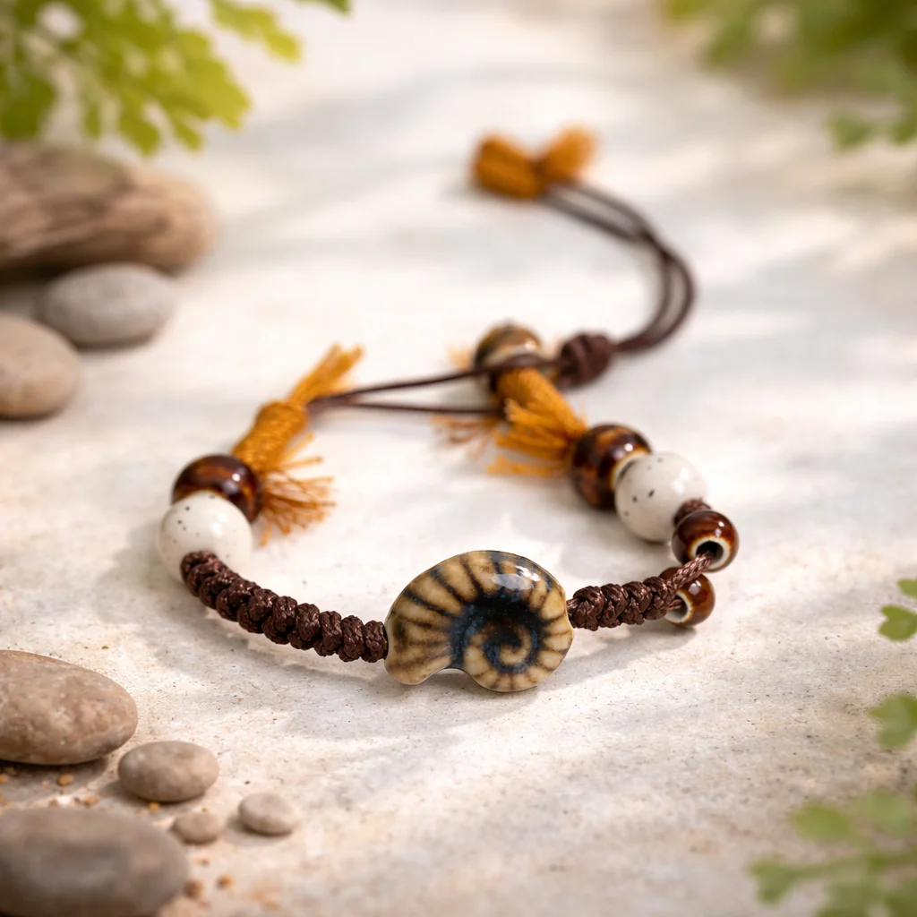 Vintage Snail Shell Ceramic Bracelet Handmade Adjustable Wax Cord Dainty Jewelry Natural Style for Girls Daily Wear Gift S03-285