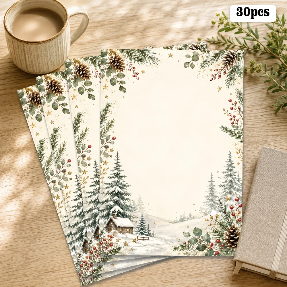 30 Sheets, B5 Nordic Winter Cabin Christmas Themed Writing Paper, Lined, No Glue, Perfect For Notebooks, Memos, And Stickers