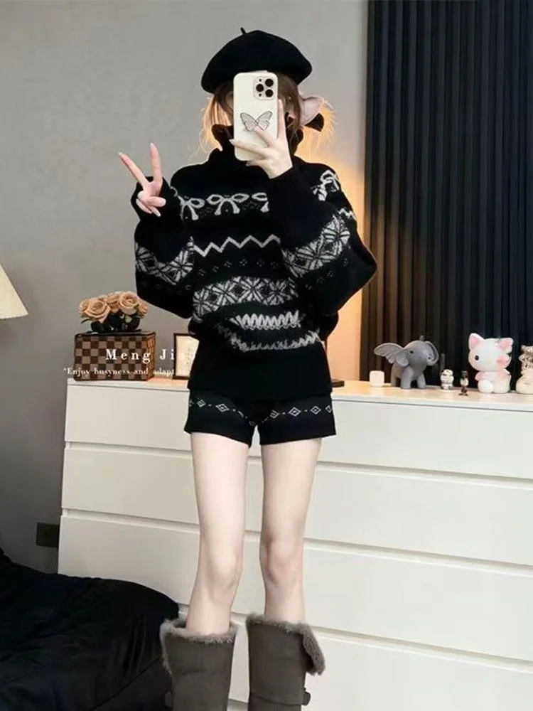 

Корейский модный вязаный свитер с высоким воротником и узлом с ярким вырезом, женский комплект с ор.