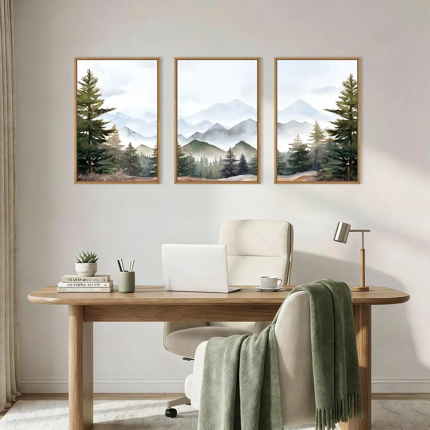 KAIRNE Misty Mountain Landscape Framed Canvas Wall Art Set, Nature Forest Wall Decor, Green Pine Tree Art Prints, Modern Foggy W