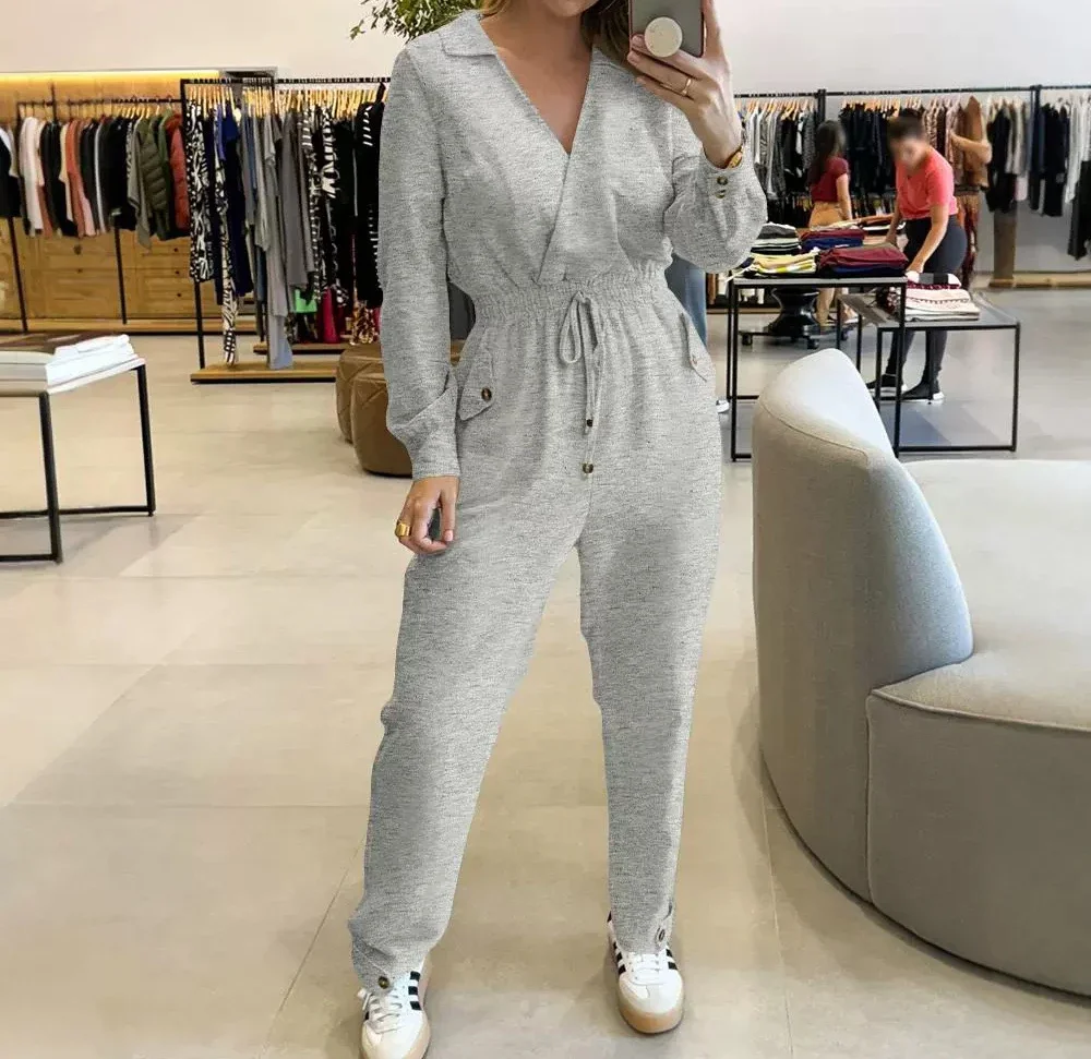 

Sexy Jumpsuits for Women Fashion 2024 Autumn Winter Casual Elegant Lapel V-Neck Collar Long Shirred Drawstring Waist Jump Suit