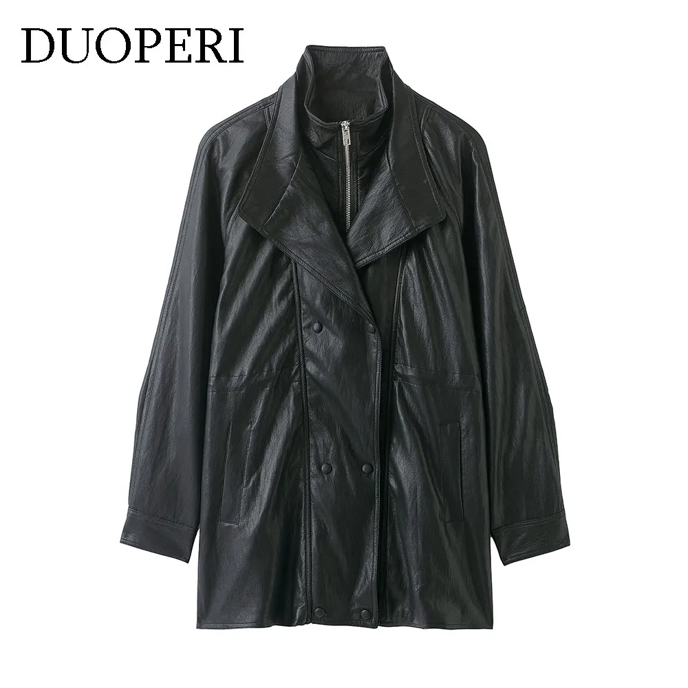 

DUOPERI Autumn Winter Women's PU Black Front Zipper Jackets Casual High Neck Long Sleeves Female Elegant Chic Lady Coats Outfits