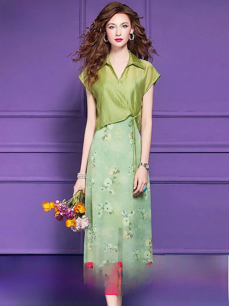 

Fashionable Printed Summer Outfit for Women by Fx&Mongyi Two-Piece Set with Strap Dress And Shirt Short Sleeve Flip Collar