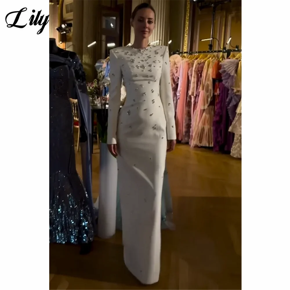 

Lily White Evening Dresses O-Neck فساتين السهرة with Rhinestone - Embellished Fitted Floor-Length Slit Formal Gown Customized