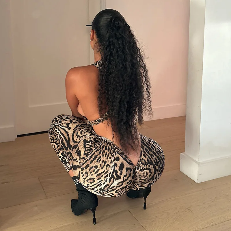 DSMTRC Women Coquette Summer Trend Playsuits Club Activity Sleeveless Fitness Stretch Workout Overalls Leopard Printed Jumpsuits