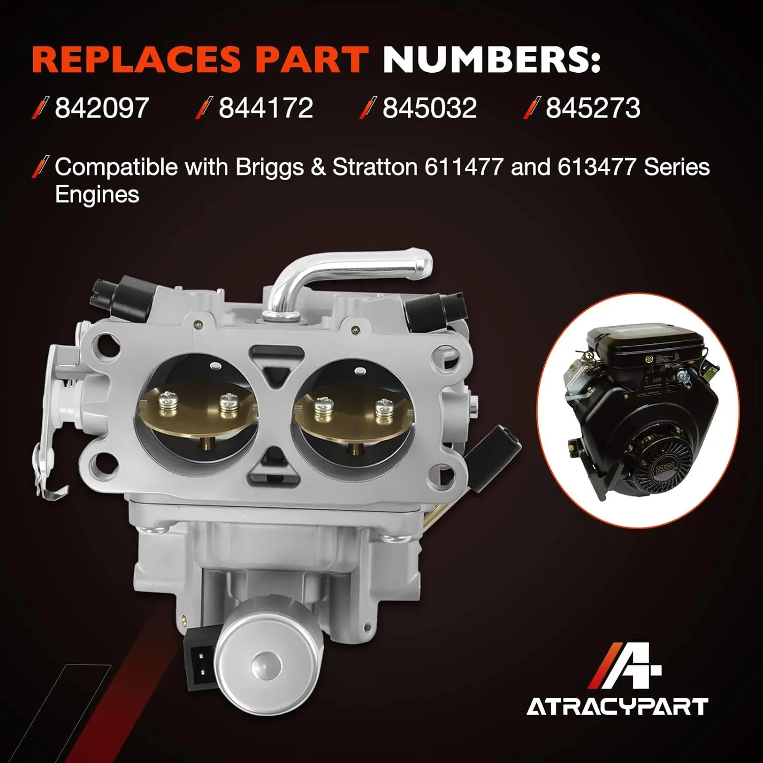 845273 Carburetor Carb Compatible with Briggs & Stratton 611477 613477 Series Lawn Mover Engine, Replaces 845032 844172 842097,