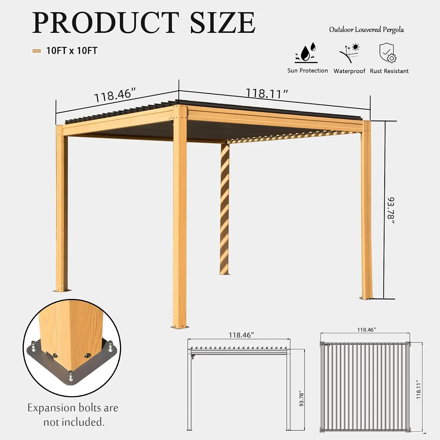 Domi 10x10 Louvered Pergola Wood Grain Pergola with Aluminum Frame, Custom