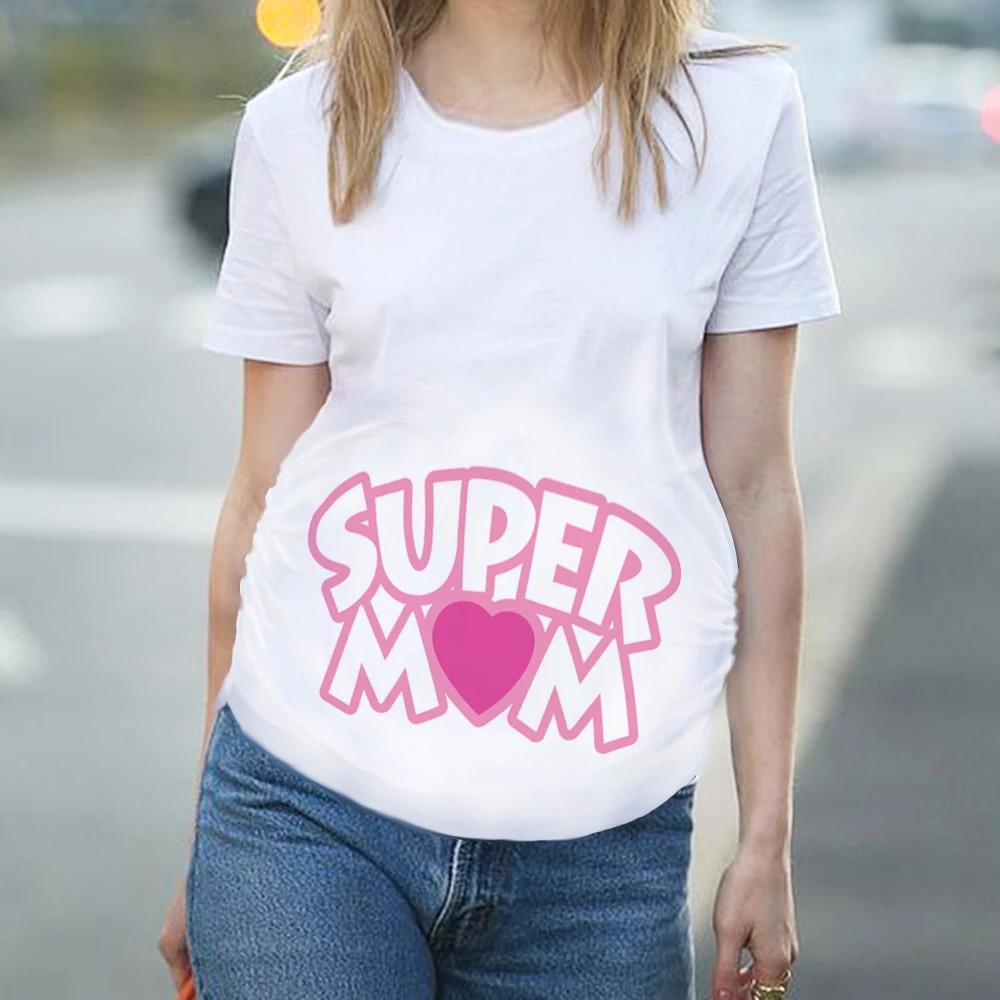 Super Mom Womens Maternity Clothing Round Collar White T-Shirt Printed Pregnancy Clothes Short Sleeve Baby Love Tees