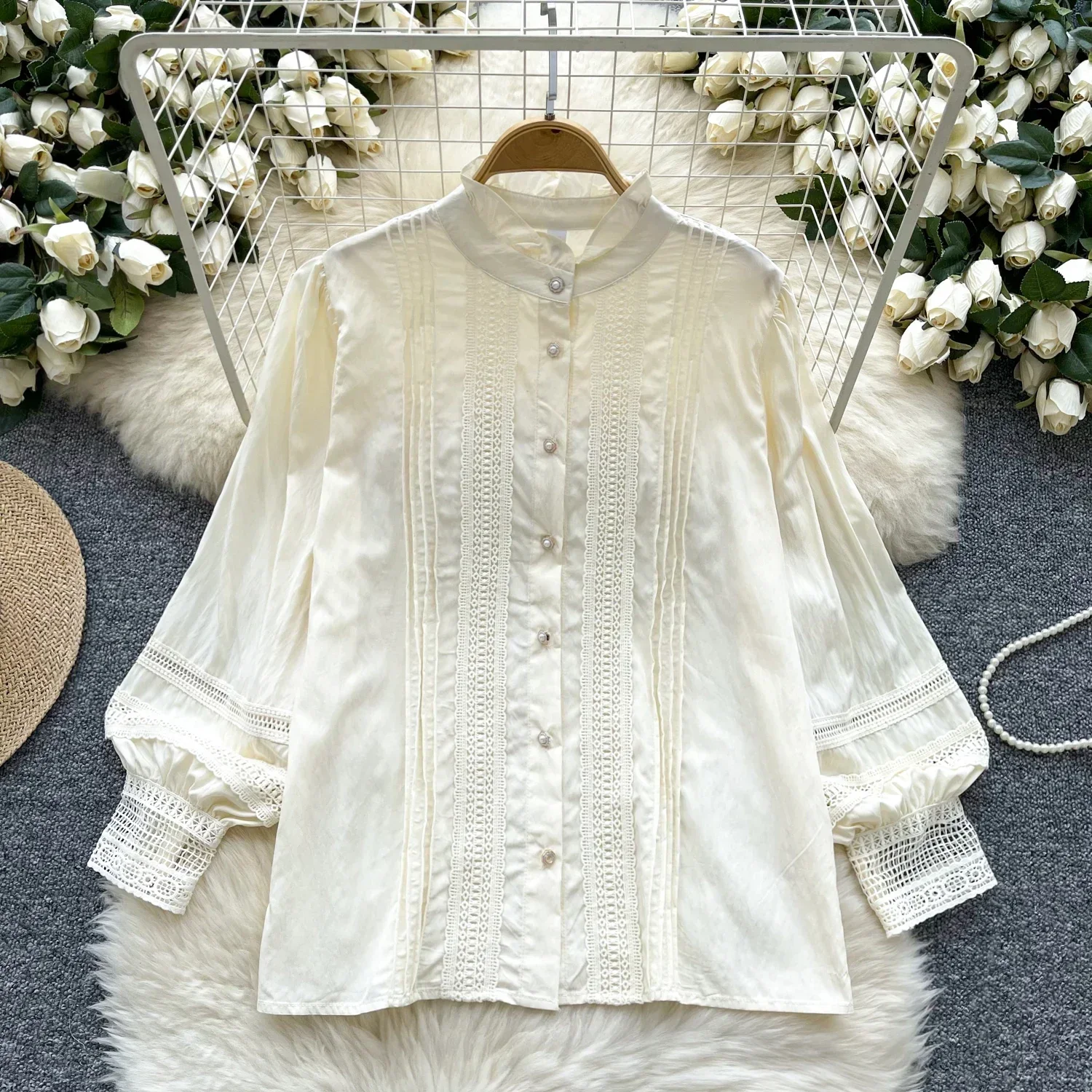 Chic Vintage Stand Collar Lace Spliced Long Lantern Sleeve Casual Single Breasted Shirt Loose Women Basics High Street Blouse